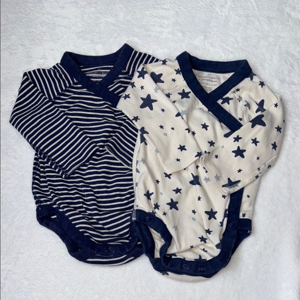 Moon and back by Hanna Andersson Blue and White Striped and Star Bodysuits